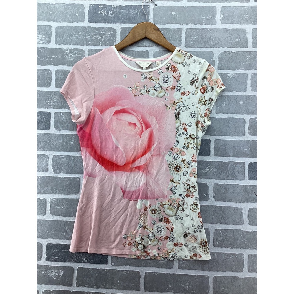 Ted Baker London Pink Rose Jewel Print Short Sleeve Tee Top Size 2